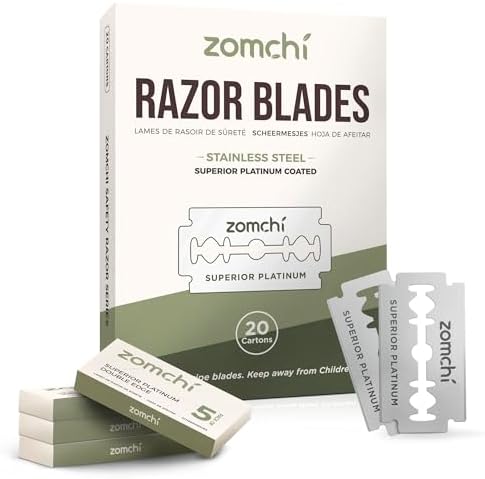 Zomchi Double Edge Razor Blades 2.0, 100 Counts Safety Razor Blades for Shaving, Platinum Stainless Steel Shaving Blades for Men and Women, Fits All Standard Double Edge Razors Zomchi