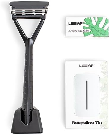 Leaf Shave | The Leaf Razor Set, Chrome - Includes 1x Leaf Razor, 1x Matching Leaf Razor Stand, 1x 50-Pack of Single-Edge Blade Refills, and 1x Razor Blade Bank Leaf Shave