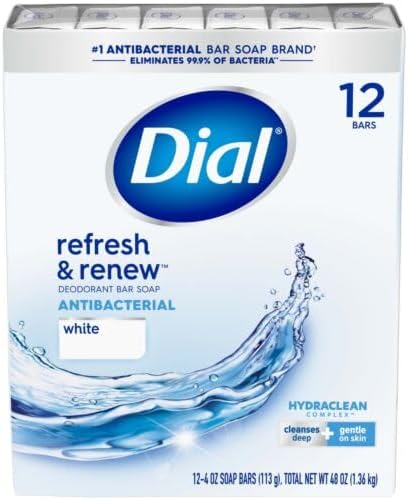 Dial Antibacterial Deodorant Bar Soap, 4 oz bars, White, Pack of 12 Dial