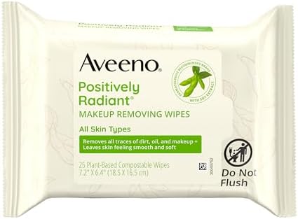 Aveeno Positively Radiant Makeup Remover Wipes, Gentle Individual Face Wipes with Moisture-rich Soy Extract to help leave your skin looking bright, Hypoallergenic Formula, Non-Comedogenic (Pack of 25) Aveeno