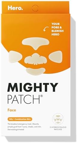 Mighty Patch Face from Hero Cosmetics - XL Hydrocolloid Mask for Acne, 5 Large Pimple Patches for Zit Breakouts on Nose, Chin, Forehead & Cheeks - Vegan-Friendly, Not Tested on Animals (1 Count) Mighty Patch