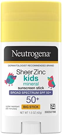 Neutrogena Sheer Zinc Oxide Kids Mineral Sunscreen Stick, Broad Spectrum SPF 50+ & UVA/UVB Protection & Water Resistant with Residue-Free, No-Mess Application, Oil- & Paraben-Free, 1.5 oz Neutrogena