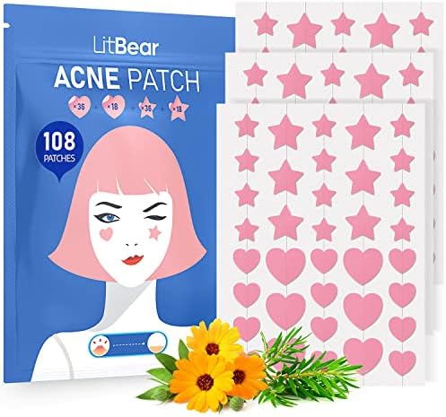 LitBear Acne Patch Pimple Patch, Black Star & Heart Shaped Acne Absorbing Cover Patch, Hydrocolloid Acne Patches For Face Zit Patch Pimple Sticker Acne Dots, Tea Tree Oil + Centella (108 Count) LitBear