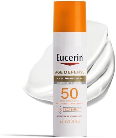 Eucerin Sun Age Defense SPF 50 Face Sunscreen Lotion, Hypoallergenic, Fragrance Free Sunscreen SPF 50 with Hyaluronic Acid, 2.5 Fl Oz Bottle Eucerin