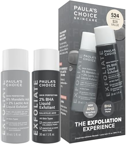 Paula's Choice Exfoliation Kit, 2% BHA Liquid & 6% Mandelic Lactic Acid AHA Exfoliants, for Clogged & Enlarged Pores, Rough & Bumpy Texture and Uneven Tone, Travel-Size Duo, Fragrance-Free, Set of 2 Paula's Choice