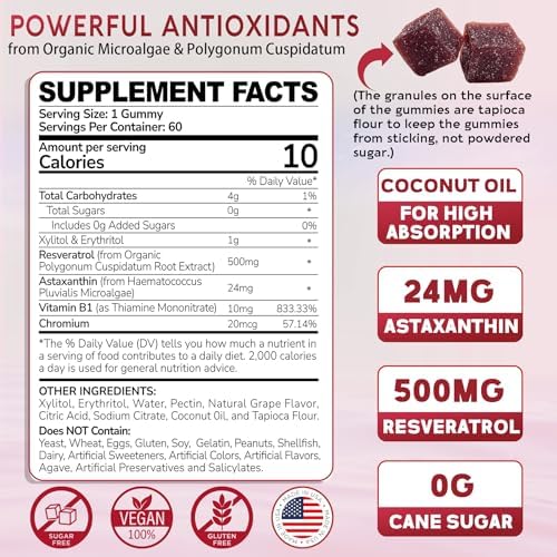 Sugar-Free Astaxanthin 24mg Gummies with Resveratrol 500mg, Powerful Antioxidants Supplement w/ Vitamin B1, Coconut Oil - Healthy Aging, Skin, Eye, Joint, Immune - Vegan, Non-GMO, 60 Count, Grape FLA EnvyDeal