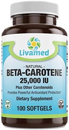 Natural Beta Carotene 25,000 IU Softgels (Мягкие капсулы) 100 Count Livamed