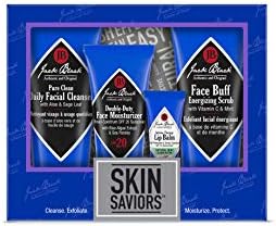 Jack Black Skin Saviors Set – Pure Clean Daily Facial Cleanser, Double-Duty Face Moisturizer SPF 20, Intense Therapy Lip Balm SPF 25 Natural Mint & Shea Butter, & Face Buff Energizing Scrub Jack Black