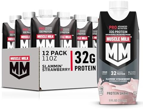 Muscle Milk Pro Advanced Nutrition Protein Shake, Slammin' Strawberry, 11 Fl Oz Carton, 12 Pack, 32g Protein, 1g Sugar, 16 Vitamins & Minerals, 5g Fiber, Workout Recovery, Bottle, Packaging May Vary Muscle Milk