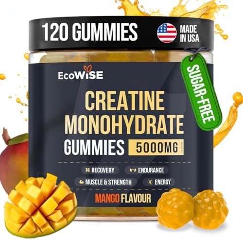 Creatine Monohydrate Gummies (Жевательные конфеты) 5g, Chewables (Жевательные таблетки) Gummies for Men & Women, Increase Strength & Build Muscle, Energy Boost - Gluten-Free, Sugar Free, Vegan - 120 Count, Mango, Orange EcoWise Wellness