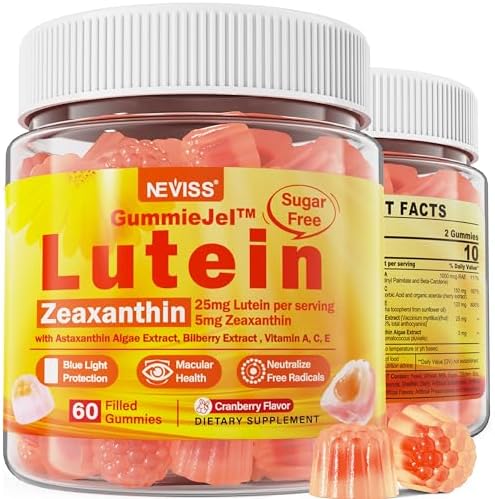 Sugar-Free Lutein Zeaxanthin Supplements Gummies (Жевательные конфеты) (25mg) Vitamins A, C, E, Bilberry, Astaxanthin - Coconut Oil for Better Absorption - Adults & Teens Vision Health, Eye Strain, Dry Eyes - Vegan, 60Cts NEVISS