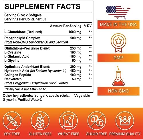 2550mg Liposomal Glutathione Softgel, High Absorption - Glutathione Supplement, Made in USA, Master Antioxidant for Aging Defense, Immune System, Gluten Free & Non-GMO, 60 Softgels (Мягкие капсулы) CORPORALIGHT