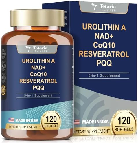 Urolithin A Supplement 1000mg with NAD+,CoQ10,Resveratrol,PQQ Supplement for Men Women 120 Softgels (Мягкие капсулы) for Muscle Energy Antioxidants Vegan High Bioavailability Totaria