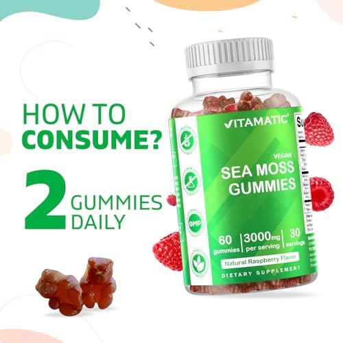 Vitamatic Irish Sea Moss Gummies (Жевательные конфеты) - 3000 mg - 60 Vegan Gummies - Made with Bladderwrack & Burdock Root - Seamoss Supplement for Thyroid, Energy, Immune Support Vitamatic