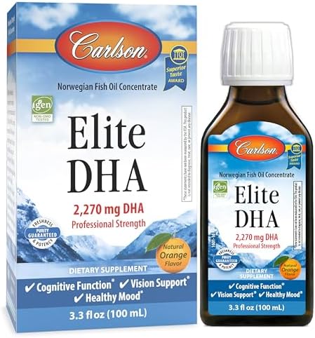 Carlson - Elite DHA, 2270 mg DHA, Professional Strength, Norwegian Fish Oil Concentrate, Cognitive Function & Vision Support, Orange, 100 mL Carlson