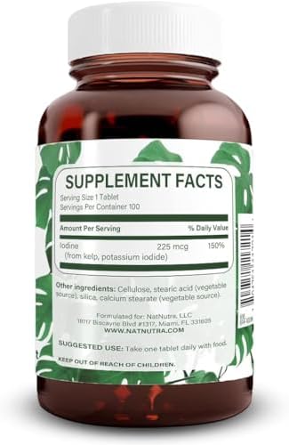 Natural Nutra Kelp Iodine Supplement, Helps Improve Brain Health, Strengthens Immune System, and Regulates Metabolism, Vegan Sea Kelp, Atlantic Sourced Seaweed Extract, 225 mcg, 100 Tablets Natural Nutra