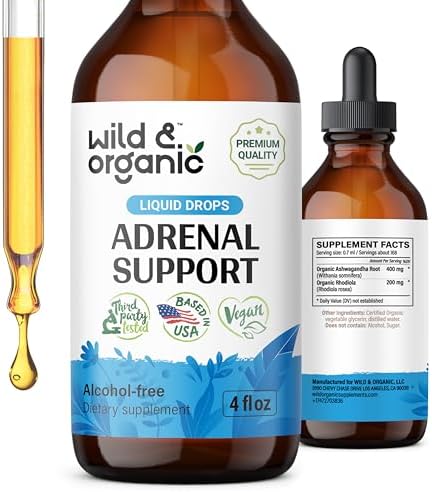 Wild & Organic Adrenal Support Tincture for Positive Outlook - Adrenal Complex with Ashwagandha, Rhodiola Rosea Root - 1-Month Supply - Vegan, No Sugar & Alcohol - 2 fl oz Wild & Organic