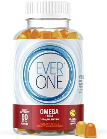 Omega Gummies (Жевательные конфеты) with DHA for Adults - Support Brain and Cardiovascular Health Supplement - Vegan, Gelatin Free, Gluten Free, GMO Free - Delicious Orange and Lemon Flavored Gummy Vitamins Ever One