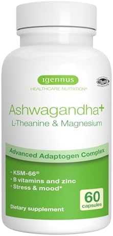 Advanced Ashwagandha KSM-66, L-Theanine & Magnesium, Adrenal Support & Cortisol Balance, Multi Action Adaptogen Complex, with Zinc & Methylated B Vitamins, Clean Label, 60 Vegan Capsules (Веганские капсулы), by Igennus Igennus Healthcare Nutrition