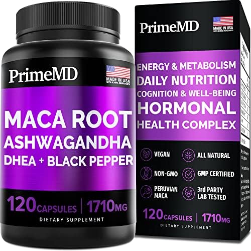 6-in-1 Organic Maca Root & Ashwagandha Capsules (Капсулы) 1710mg w/DHEA & Black Pepper Fruit Extract - Maca Root Capsules for Women & Men - Stamina, Bone and Mood Support Supplement,120 Capsules (40 Servings (Порции)) PrimeMD