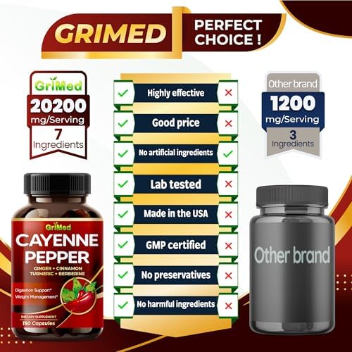 Ultra Cayenne Pepper 20,200mg X15 Power with Ginger, Cinnamon,Turmeric, Berberine, Citrus Bergamot for Digestion Support, Immune System, Overall Well-Being USA Made & Tested (150 Count (Pack of 1)) GriMed