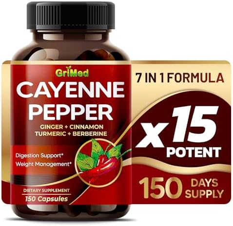 Ultra Cayenne Pepper 20,200mg X15 Power with Ginger, Cinnamon,Turmeric, Berberine, Citrus Bergamot for Digestion Support, Immune System, Overall Well-Being USA Made & Tested (150 Count (Pack of 1)) GriMed