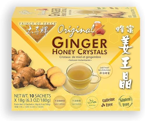 Prince of Peace Instant Natural Lemon Ginger Honey Crystals, 10 Sachets – Instant Hot or Cold Beverage for Nausea Relief and Soothes Throat – Easy to Brew Ginger and Honey Crystals Prince of Peace