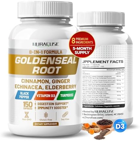 Goldenseal Root 8-in-1 Formula - with Cinnamon Ginger Echinacea Elderberry Black Pepper Vitamin D3 - Non-GMO, Gluten-Free, Soy-Free NURAFUSE