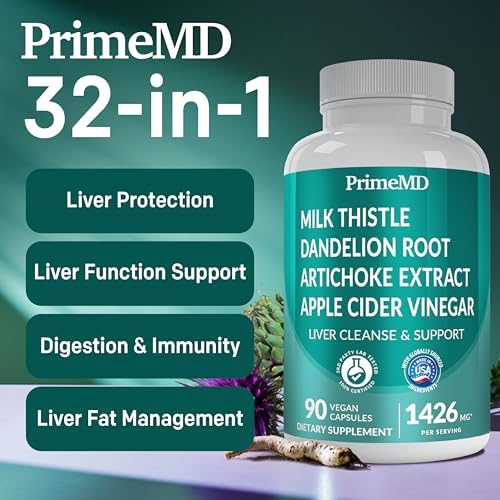 32-in-1 Liver Cleanse Detox & Repair with Milk Thistle and Dandelion Root, Artichoke Extract and Beetroot Powder (Порошок) for Liver Support - Liver Supplement with Active Liver Health Formula - 1426mg (90ct) PrimeMD