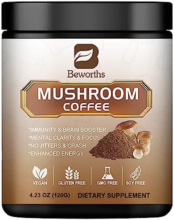 Mushroom Coffee - Lions Mane Mushroom Powder (Порошок) Instant Coffee with Lion's Mane, Reishi, Chaga, Cordyceps, and Turkey Tail - Mushroom Coffee Alternative for Energy, Mental Clarity & Focus, Brain Booster B BEWORTHS