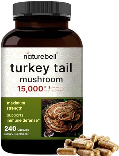 NatureBell Turkey Tail Mushroom Capsules 15,000mg Per Serving, 240 Count | 25:1 Fruiting Body & Mycelium Extract – Immune & Brain Health Mushrooms Supplement NatureBell