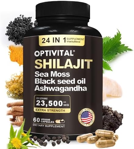 Shilajit 9000mg Sea Moss 3000mg Black Seed Oil 2000mg Ashwagandha 1000mg Rhodiola 1000mg Burdock 1000mg Ginseng 500mg Cordyceps 500mg Biloba 500mg Nettle 250mg Turmeric 250mg (No Fillers) (60 Caps) OPTIVITAL