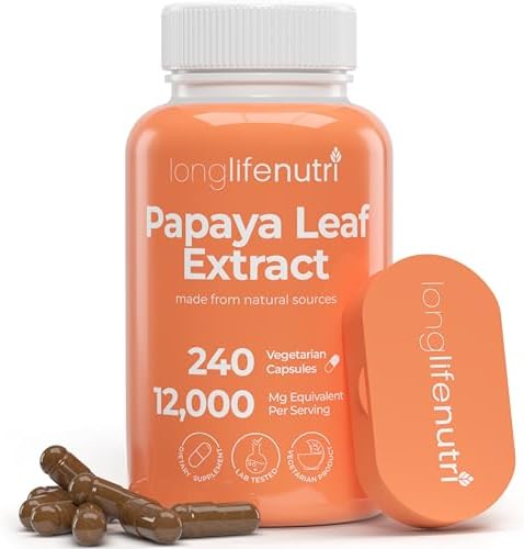 Papaya Leaf Extract 10:1 Supplement 12000mg - 240 Vegetarian Capsules (Вегетарианские капсулы), 4-Month Supply, from Carica Papaya for Blood Platelet Production & Digestive Function, Organic, GMP Certified, Made in USA LongLifeNutri