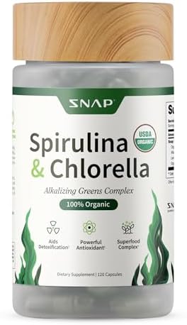 Snap Supplements USDA Organic Spirulina Chlorella Capsules (Капсулы) - Green Superfoods for Natural Energy and Metabolic Health, 120 Capsules Snap Supplements