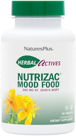 Natures Plus Herbal Actives NutriZAC Mood Food - 300 mg St Johns Wort, 90 Vegan Bi-Layered Tablets (Таблетки) - Maximum Potency Natural Mood Booster - Vegetarian, Gluten-Free - 90 Servings (Порции) Natures Plus