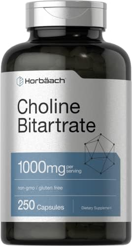 Horbaach Choline Bitartrate Supplement | 1000mg | 250 Capsules (Капсулы) | High Potency | Non-GMO, Gluten Free Horbäach