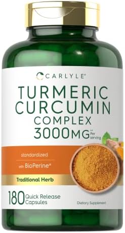 Carlyle Turmeric Curcumin Supplement | 3000mg 180 Capsules (Капсулы) | with Black Pepper, Curcuminoids and Bioperine | Non-GMO, Gluten Free Carlyle