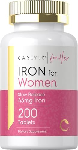 Carlyle Iron Pills for Women | 45mg | 200 Slow Release Tablets (Таблетки пролонгированного действия) | Vegetarian, Non-GMO, Gluten Free Supplement | for Her Carlyle