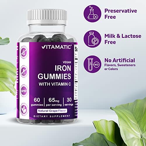 Vitamatic Iron 65 mg Gummies (Жевательные конфеты) Supplement for Women & Men - 60 Vegan Gummies - Great Tasting Iron Gummy Vitamins with Vitamin C (1) Vitamatic