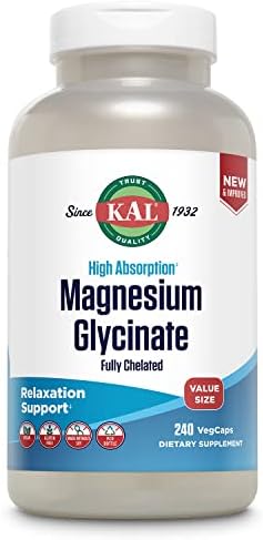 KAL Magnesium Glycinate, New & Improved Fully Chelated High Absorption Formula with BioPerine, Bisglycinate Chelate for Stress, Relaxation, Muscle & Bone Health Support, 60 Servings (Порции), 240 VegCaps Kal