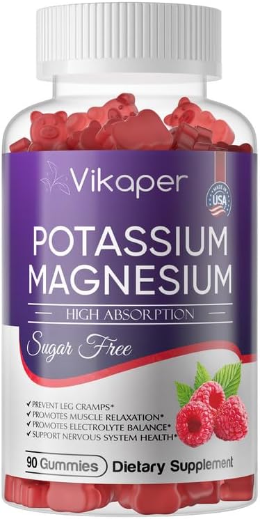 Potassium Magnesium Gummies 500mg for Adults Kids Sugar-Free High Absorption Magnesium Glycinate Supplement,Supports Leg Cramps,Muscle,Heart Health,Non-GMO Magnesium Gummy Raspberry Flavor 90 Count VIKAPER