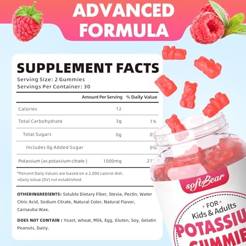 softbear Potassium Gummies for Adults, High Potency Potassium Citrate 1000mg Supports Leg Cramps & Muscle Health Organic Potassium Supplement Gummies Raspberry Flavor 60 Count Softbear