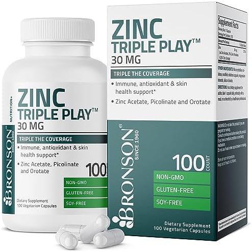 Bronson Zinc Triple Play 30 mg Triple Coverage Immune Support Zinc Supplement with Zinc Acetate, Picolinate & Orotate - Immune, Antioxidant & Skin Health Support - 100 Vegetarian Capsules (Вегетарианские капсулы) Bronson