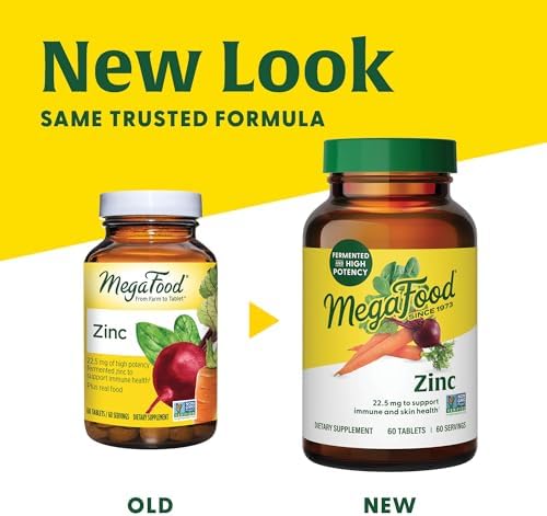 MegaFood Zinc Supplements - Vegan Immune Support Supplement With 22.5 mg High Potency Fermented Zinc - Made With Real Food - Gluten-Free, Kosher - 60 Tablets, 60 Servings MegaFood