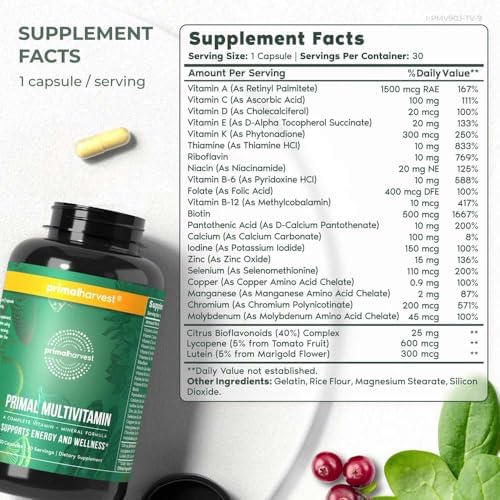 Primal Harvest Primal Multivitamin - Daily Multi-Vitamin Supplement with 21 Essential Vitamins & Minerals for Women & Men - Vitamin A, C, D, E, B12, B6, Biotin, Folic Acid, Zinc, Copper & Selenium Primal Harvest