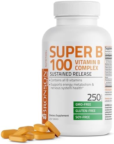 Bronson Vitamin B 100 Complex High Potency Sustained Release (Vitamin B1, B2, B3, B6, B9 - Folic Acid, B12), 60 Tablets (Таблетки) Bronson