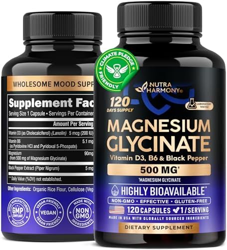 Magnesium Glycinate 500 mg - Chelated Supplement - 98% High Absorption - w/Vitamin D3 & B6 - Support for Sleep, Muscle & Heart Health - Made in USA, Lab Tested & Non-GMO - 120 Capsules (Капсулы) 4 Month Supply NUTRAHARMONY