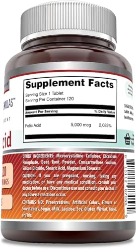 Amazing Formulas Folic Acid Supplement | 5000 Mcg | Tablets | Non-GMO | Gluten Free | Made in USA (240 Count) Amazing Nutrition