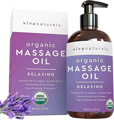 Viva Naturals Organic Massage Oil (8 fl. oz.) - Lavender Scented Relaxing Body Massage Oil for Massage Therapy - Perfect for Home Use & Professional Massages - Non-Greasy and Non-Sticky Formula Viva Naturals