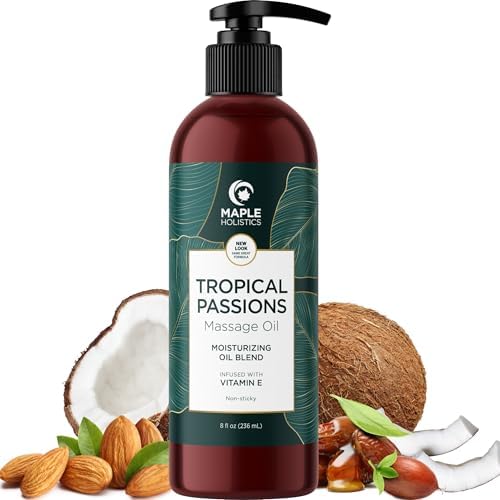 Tropical Sensual Massage Oil for Couples - Complete Relaxation Full Body Massage Oil for Date Night with Smooth Gliding Coconut and Sweet Almond Oil with Mango Scent - Non GMO Gluten Free and Vegan Maple Holistics